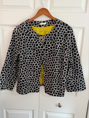 Charter Club Black White Circle Print Cotton Jacket Chartreuse 3/4 Sleeve Blazer